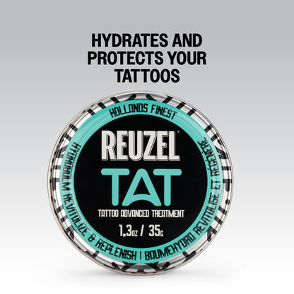 Reuzel Tat tattoo advanced treatment HYDRABALM container with text on a gray background