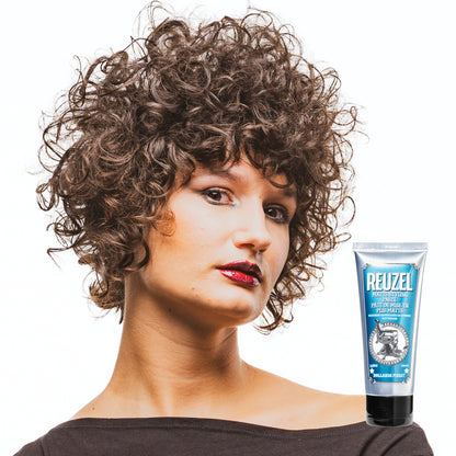 Woman with styled hair next to a Reuzel Matte Styling Paste on a white background