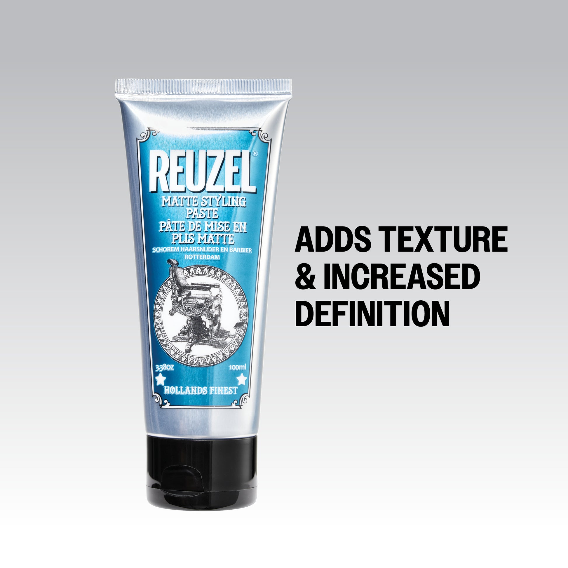 Reuzel matte styling paste tube on a gray background with text about texture and definition.