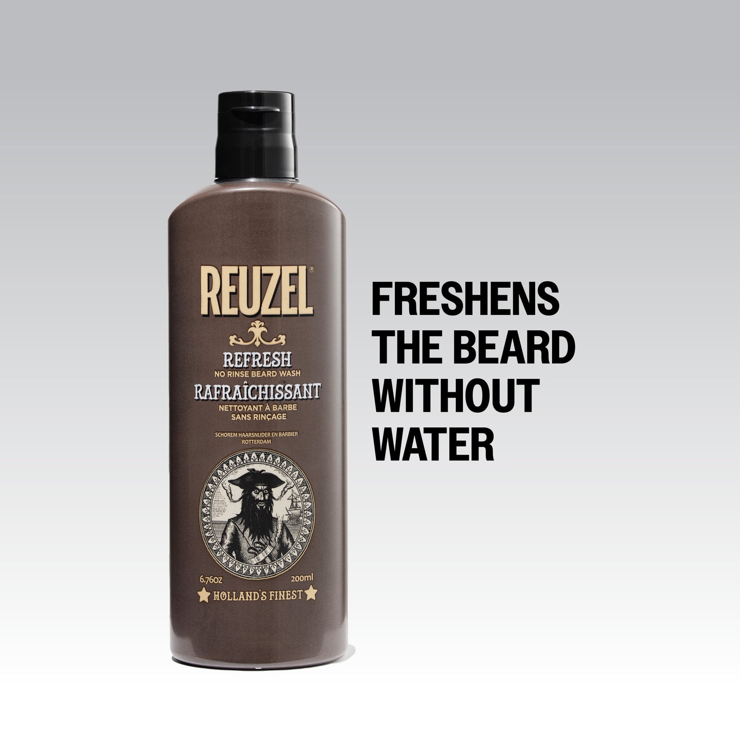 Reuzel Deutschland Refresh No Rinse Beard Wash in a clear bottle, designed for cleaning and refreshing beards effortlessly.