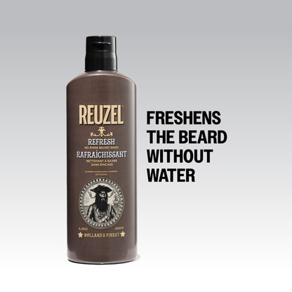 Reuzel Deutschland Refresh No Rinse Beard Wash in a clear bottle, designed for cleaning and refreshing beards effortlessly.