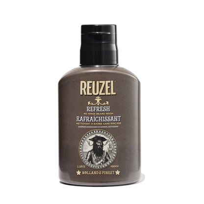 Reuzel Deutschland Refresh No Rinse Beard Wash bottle with label, 100ml, showcasing beard grooming product for clean, refreshed beards.
