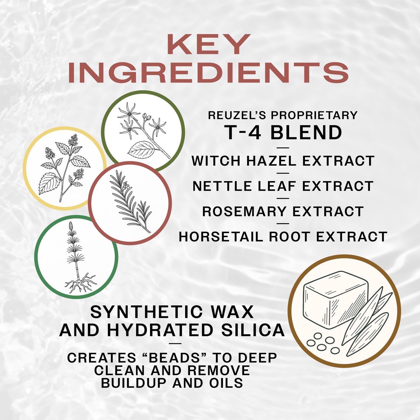 Key ingredients of Reuzel Scrub Shampoo with illustrations and text on a textured background