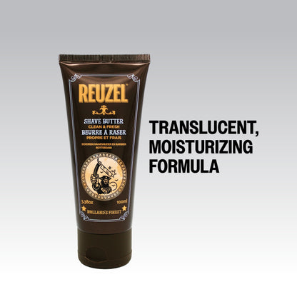 Reuzel shave butter tube on a gray background with text about the formula.