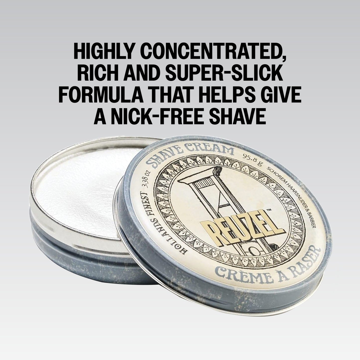 Reuzel shaving cream container with text about its formula on a gray background