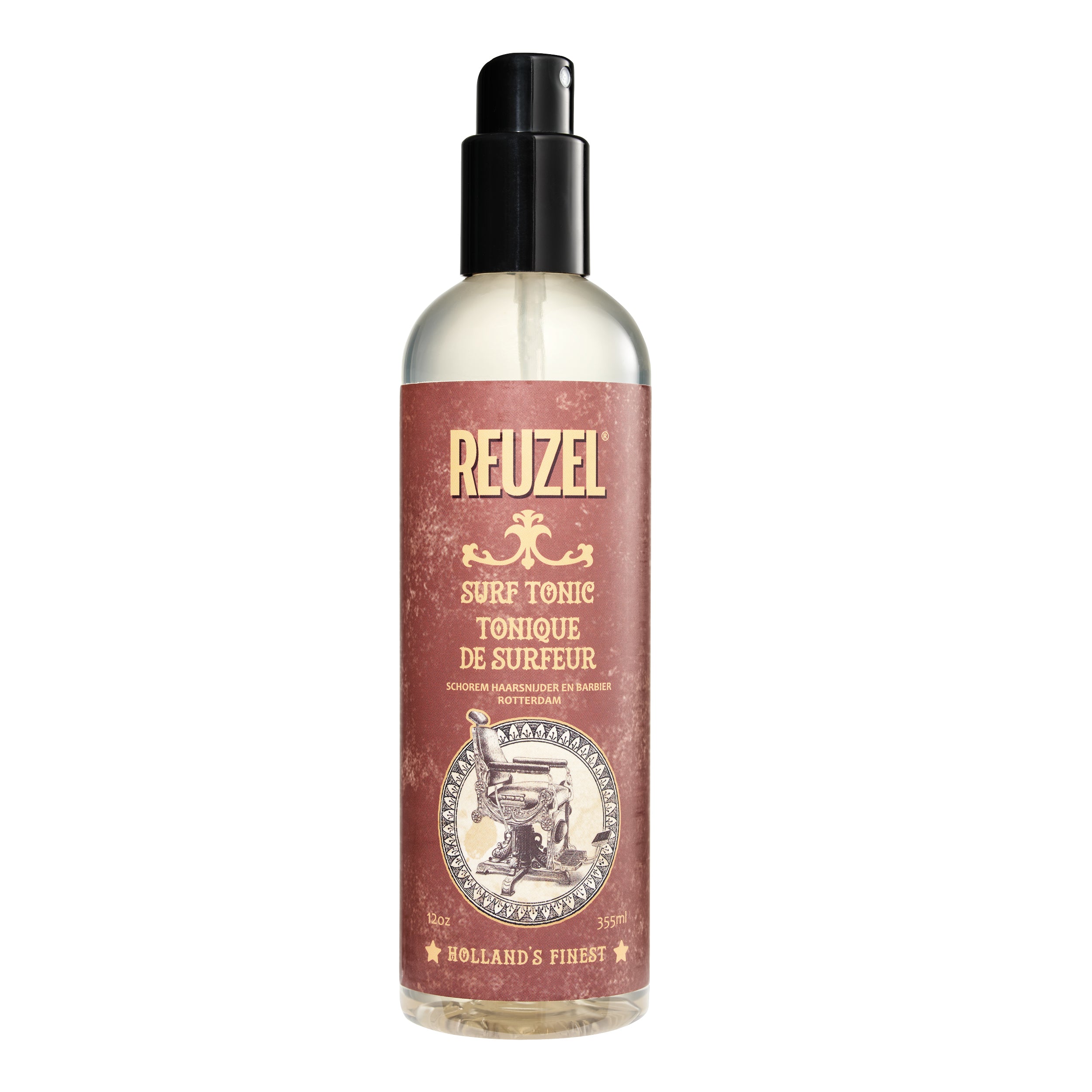 A bottle of Reuzel Surf Tonic hair styling product with a label featuring a vintage-style graphic.