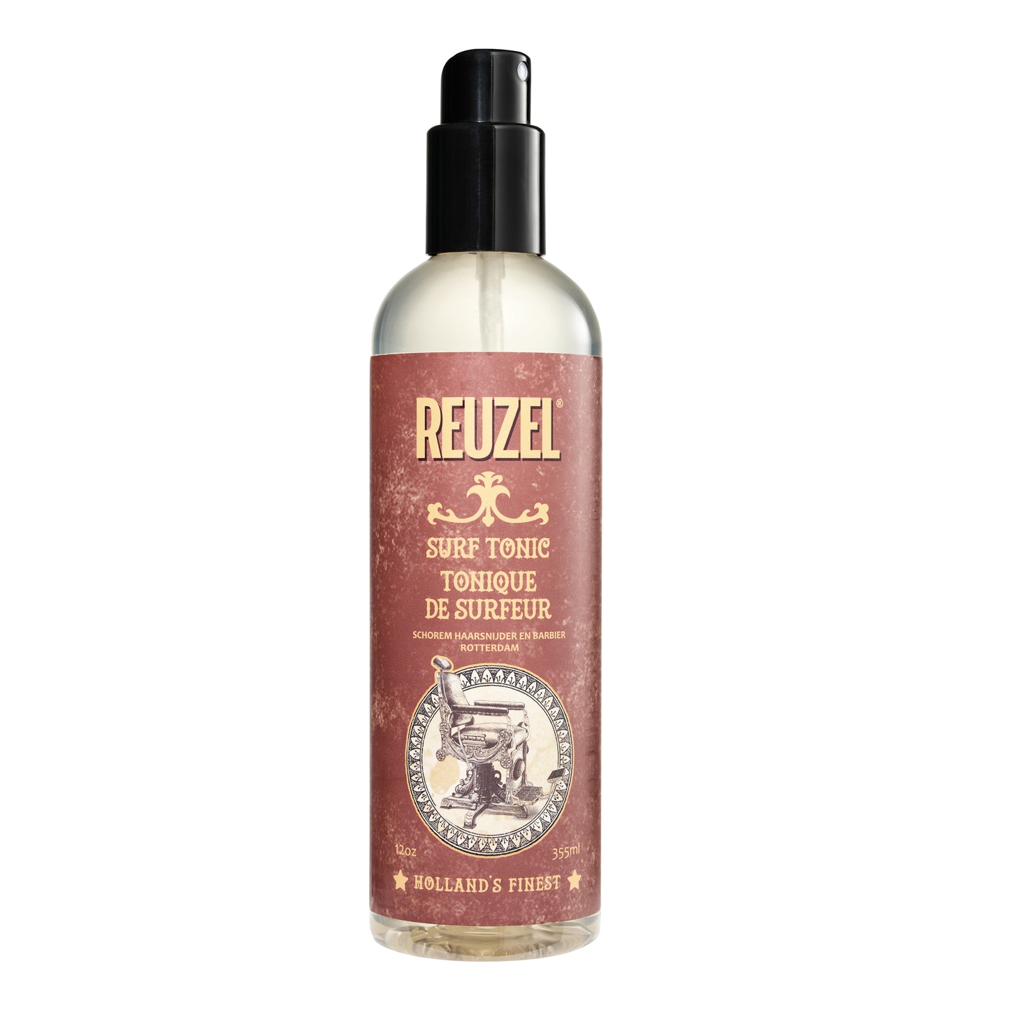 A bottle of Reuzel Surf Tonic hair styling product with a label featuring a vintage-style graphic.