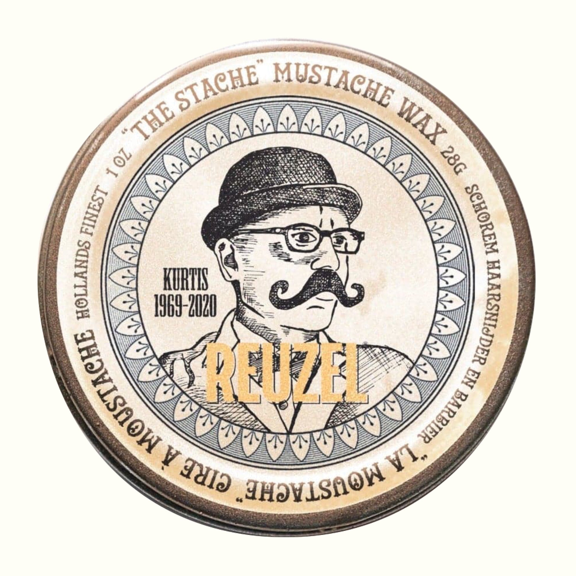 REUZEL mustache wax container with a vintage-style illustration of a man with a mustache on a white background