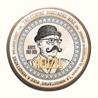 REUZEL mustache wax container with a vintage-style illustration of a man with a mustache on a white background