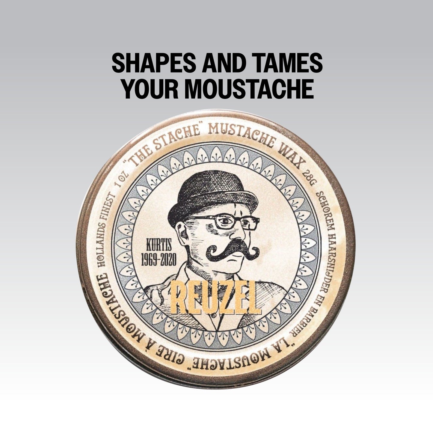 Reuzel mustache wax container with a vintage design and text on a gray background