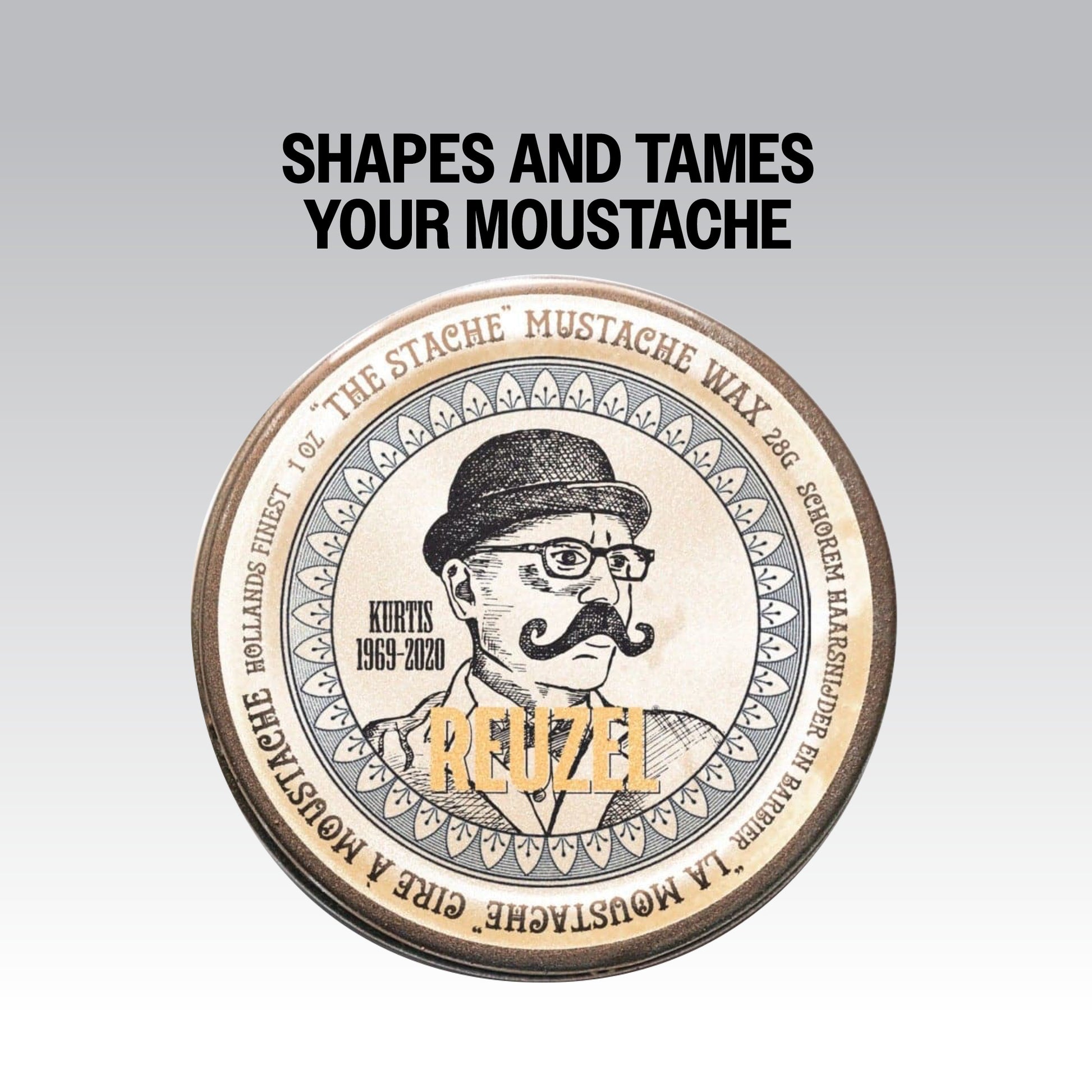 Reuzel mustache wax container with a vintage design and text on a gray background