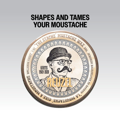 Reuzel mustache wax container with a vintage design and text on a gray background