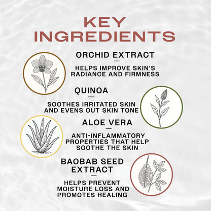 List of key ingredients with fat Reuzel TAT VIVID GEL illustrations and descriptions on a textured white background. Containing Orchid Extract, Quinoa, Aloe Vera and Baobab Seed Extract