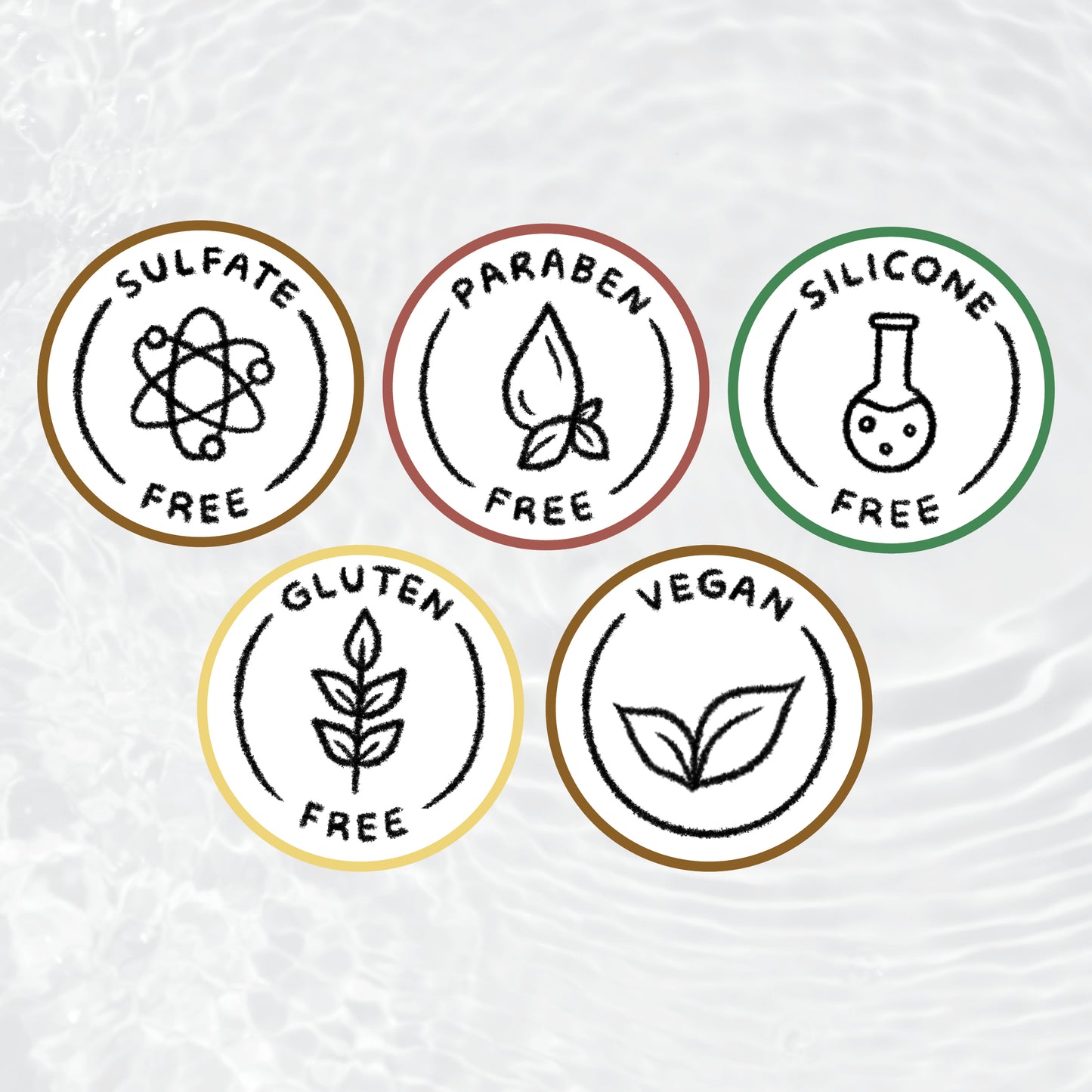 Set of six circular icons indicating product features on a textured white background