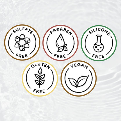 Set of six circular icons indicating product features on a textured white background