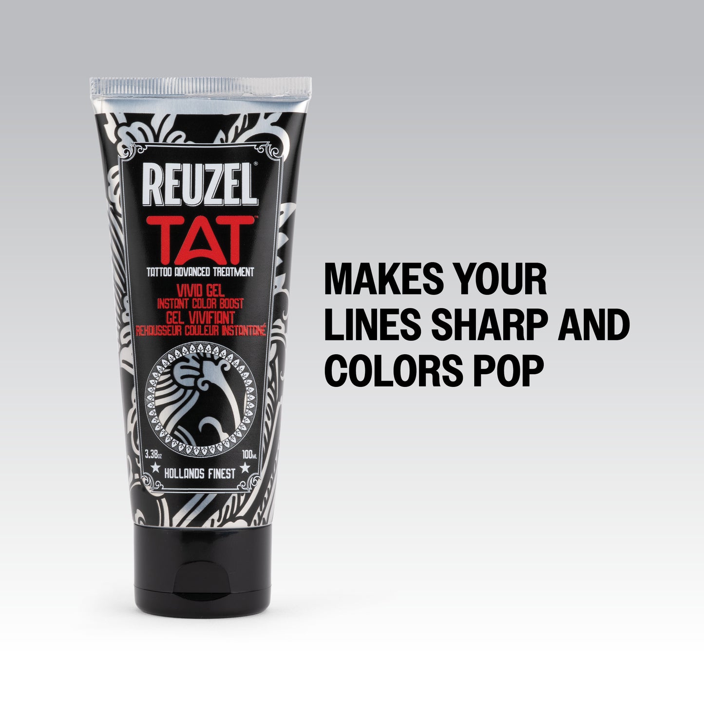 Reuzel Deutschland TAT VIVID Gel for tattoo aftercare, shown in a clear container with vibrant label and logo.