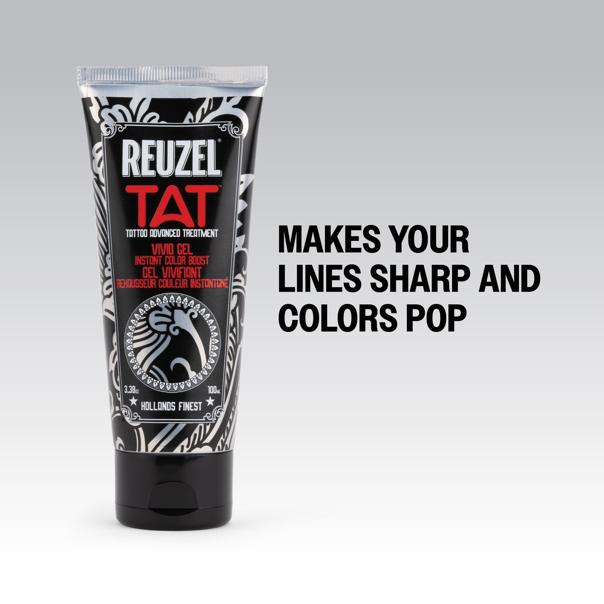 Reuzel Deutschland TAT VIVID Gel for tattoo aftercare, shown in a clear container with vibrant label and logo.