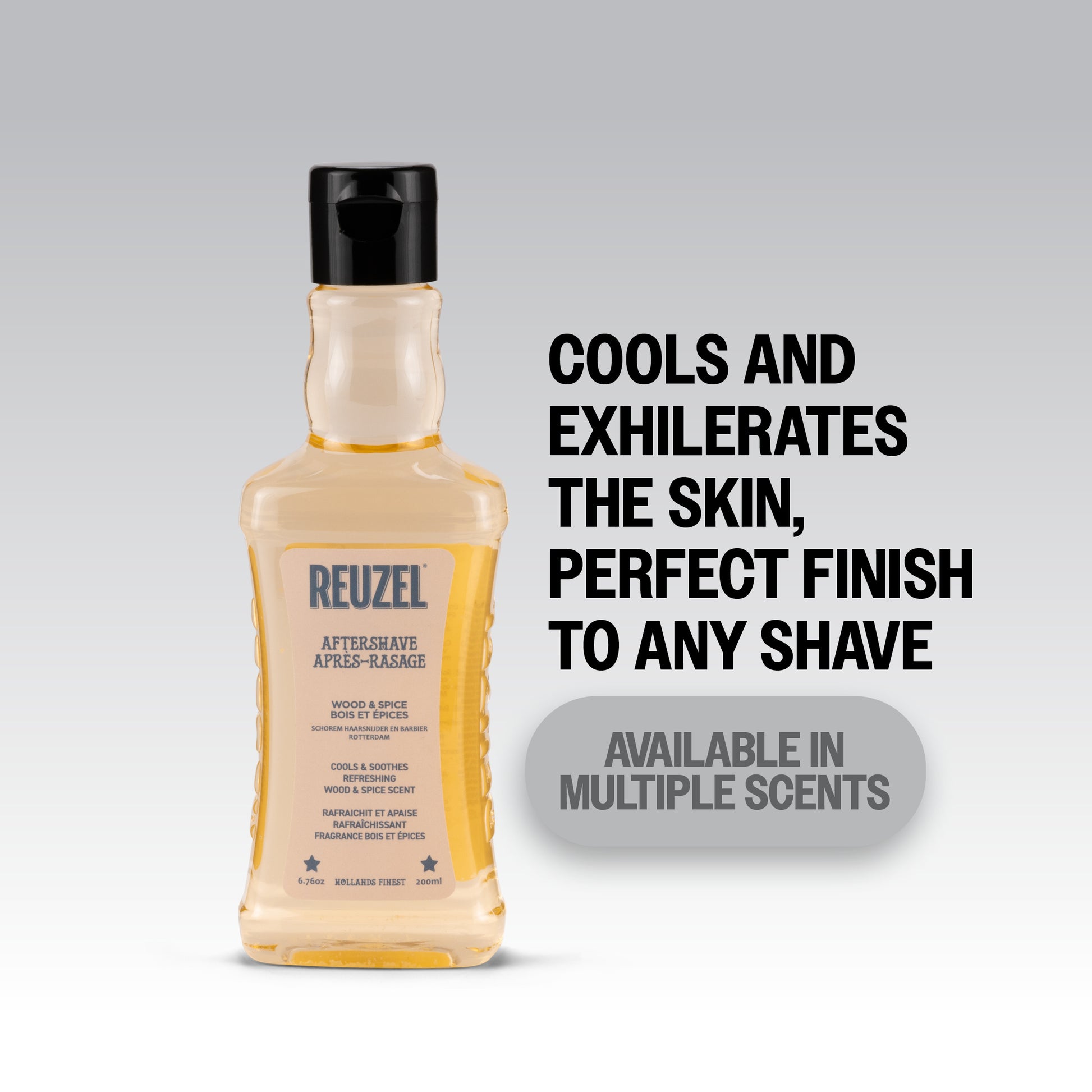 Reuzel Wood & Spice aftershave bottle with its features on a gray background