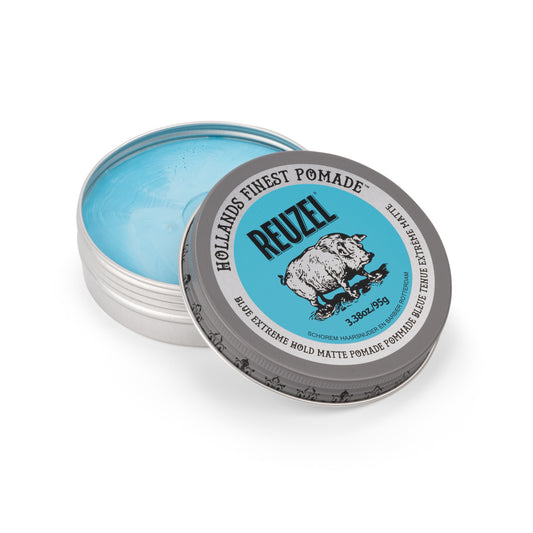 REUZEL pomade container with blue paste inside on a white background