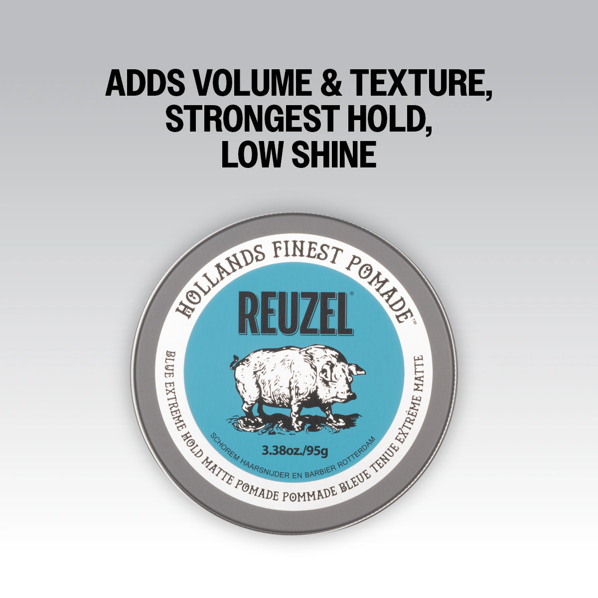 Reuzel Blue Extreme Hold pomade container with text on a gray background