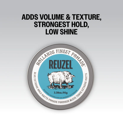 Reuzel Blue Extreme Hold pomade container with text on a gray background