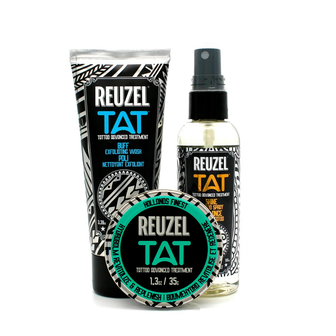 TAT Trio - Hydrabalm, BUFF Exfoliating Wash, SHINE Tattoo Spray | Reuzel Germany