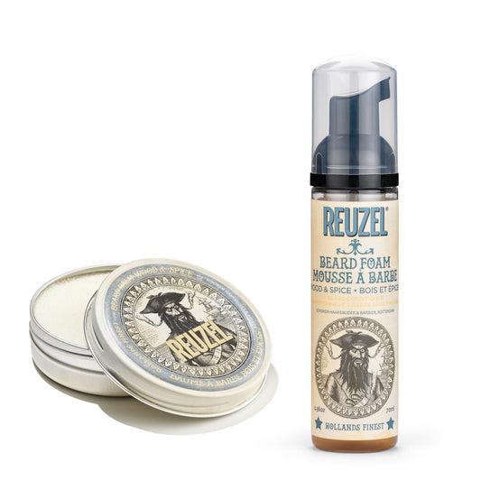 Reuzel Beard Foam in a clear pump bottle with a cream-colored label, shown next to an open round tin of the Reuzel  Beard Balm on a white background.