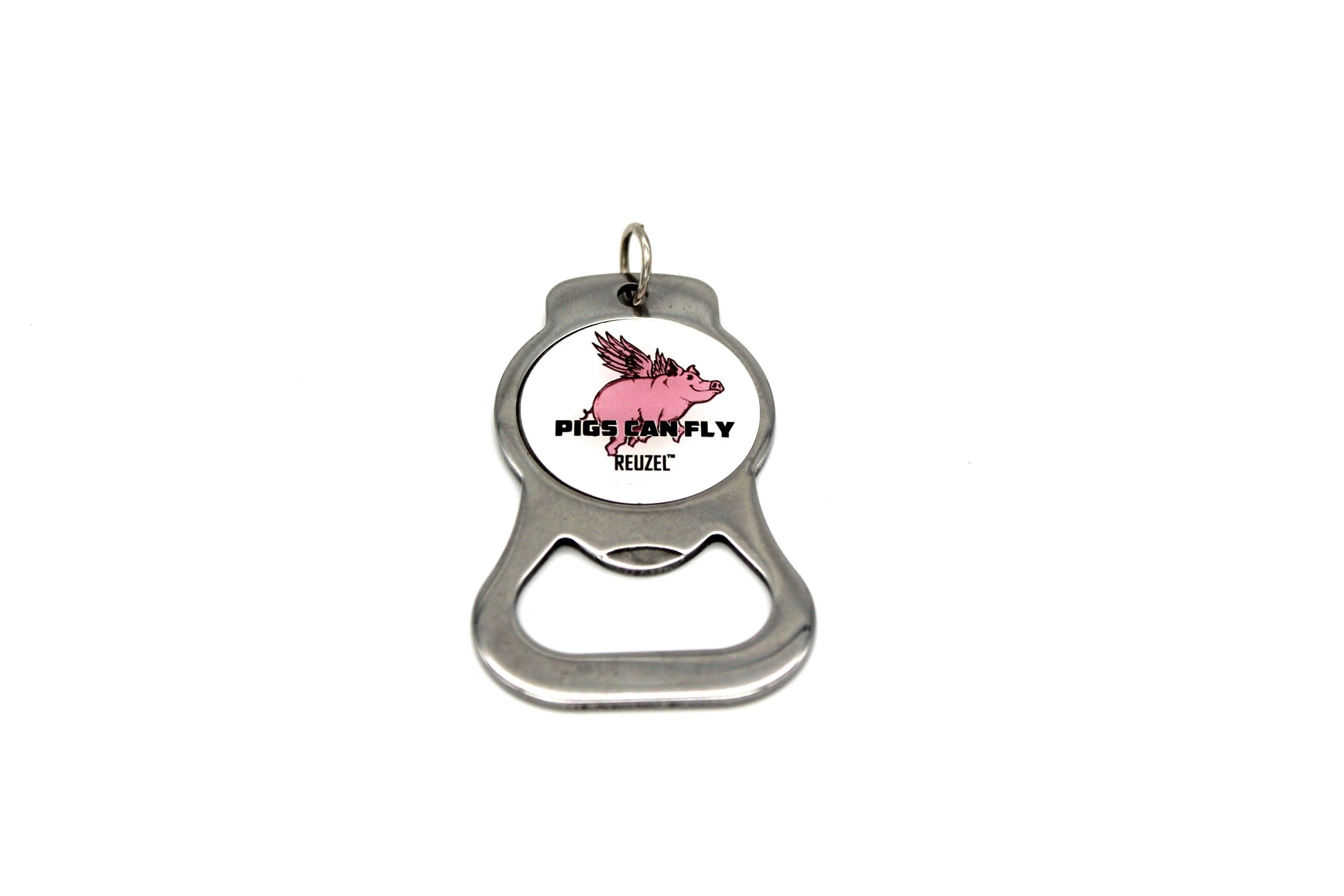Cute pig-shaped keychain from Vendor featuring wings that appear to make pigs fly, perfect for keys or bags.