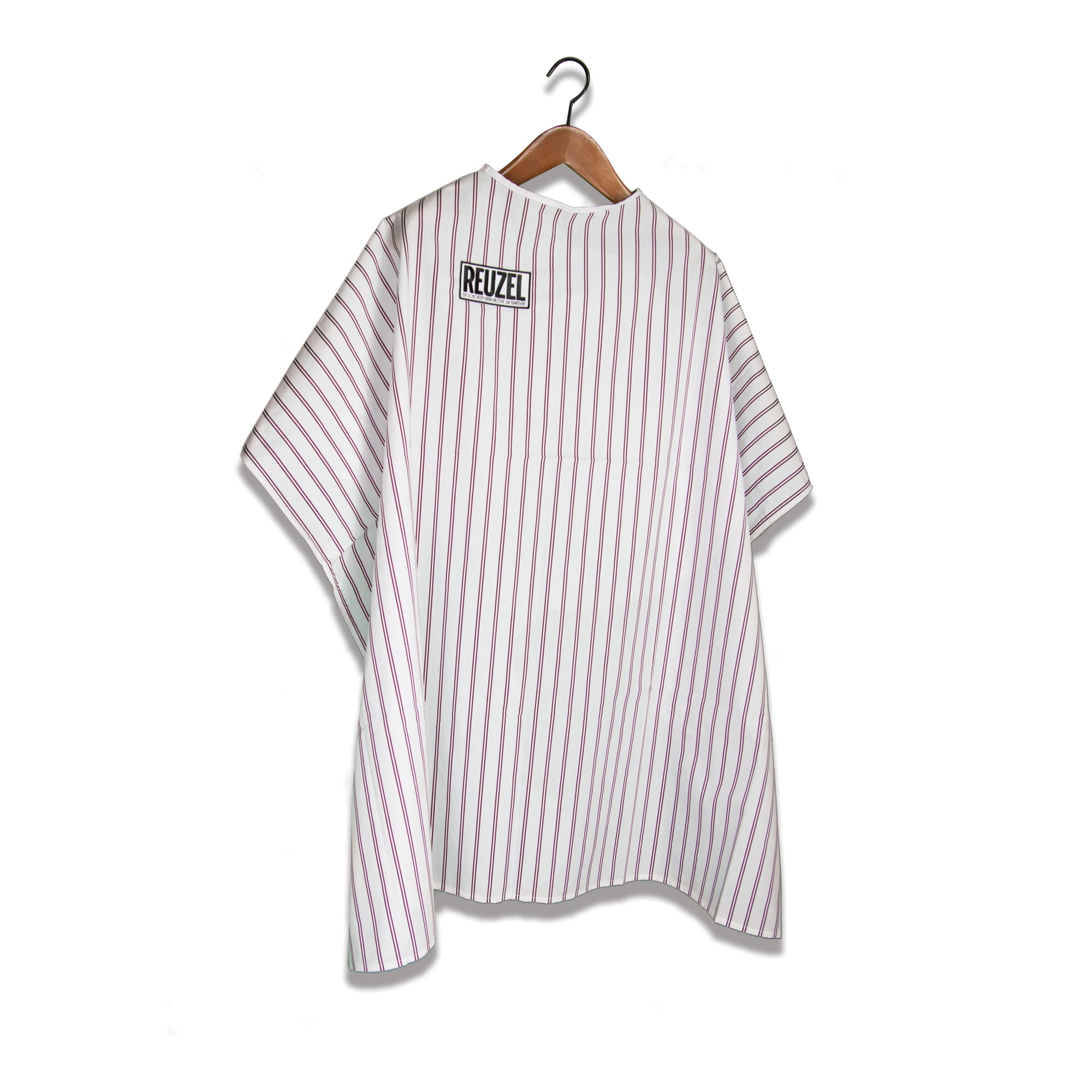 Traditional white Barber Cape with burgundy stripes with 'Reuzel' logo on a white background