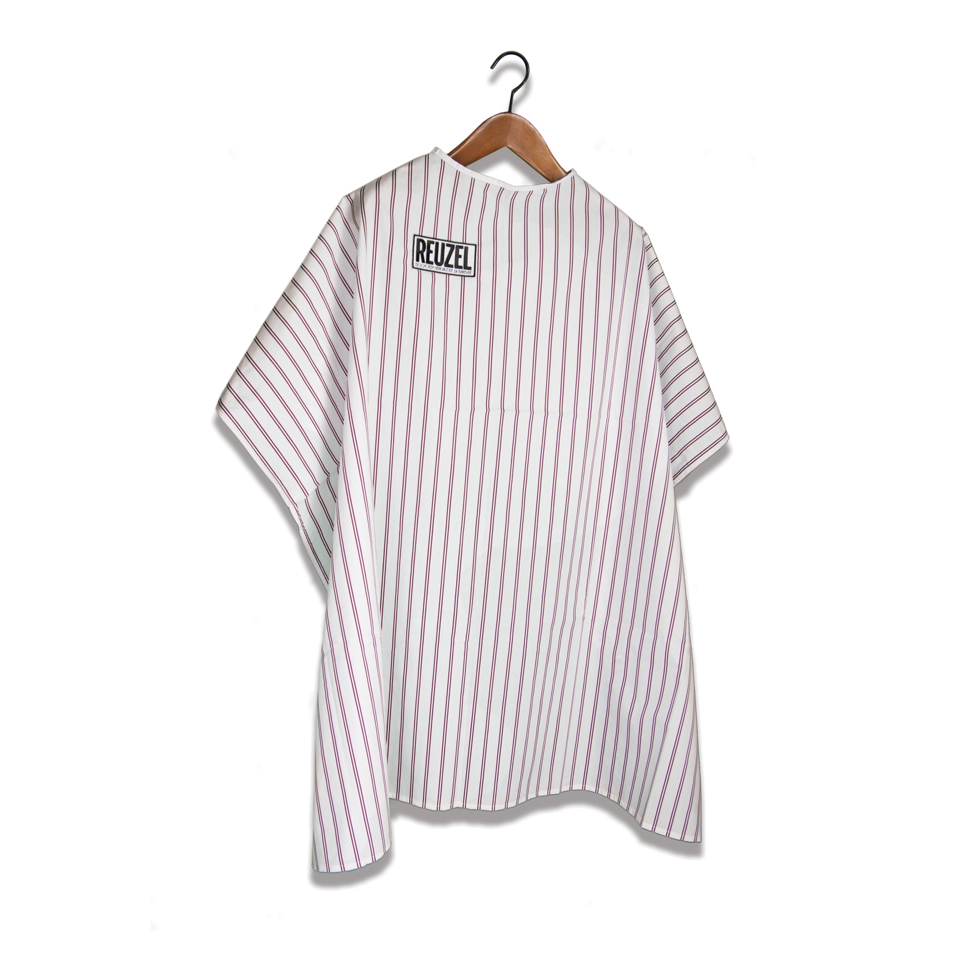 Traditional white Barber Cape with burgundy stripes with 'Reuzel' logo on a white background