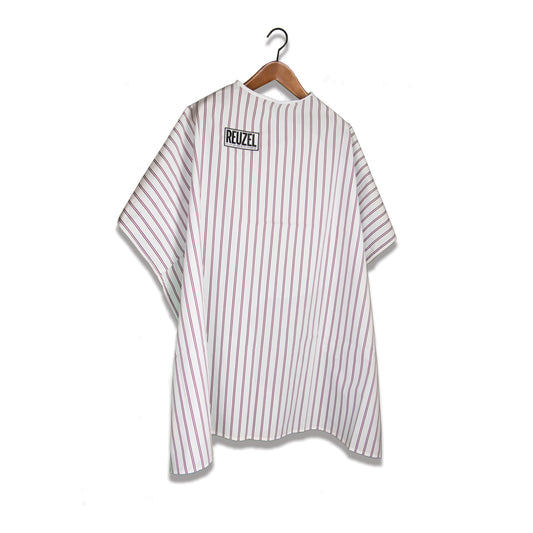 Traditional white Barber Cape with burgundy stripes with 'Reuzel' logo on a white background