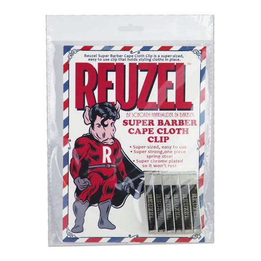 Packaging of Reuzel Super Barber Cape Cloth Clip with a Pig cartoon character on a white background
