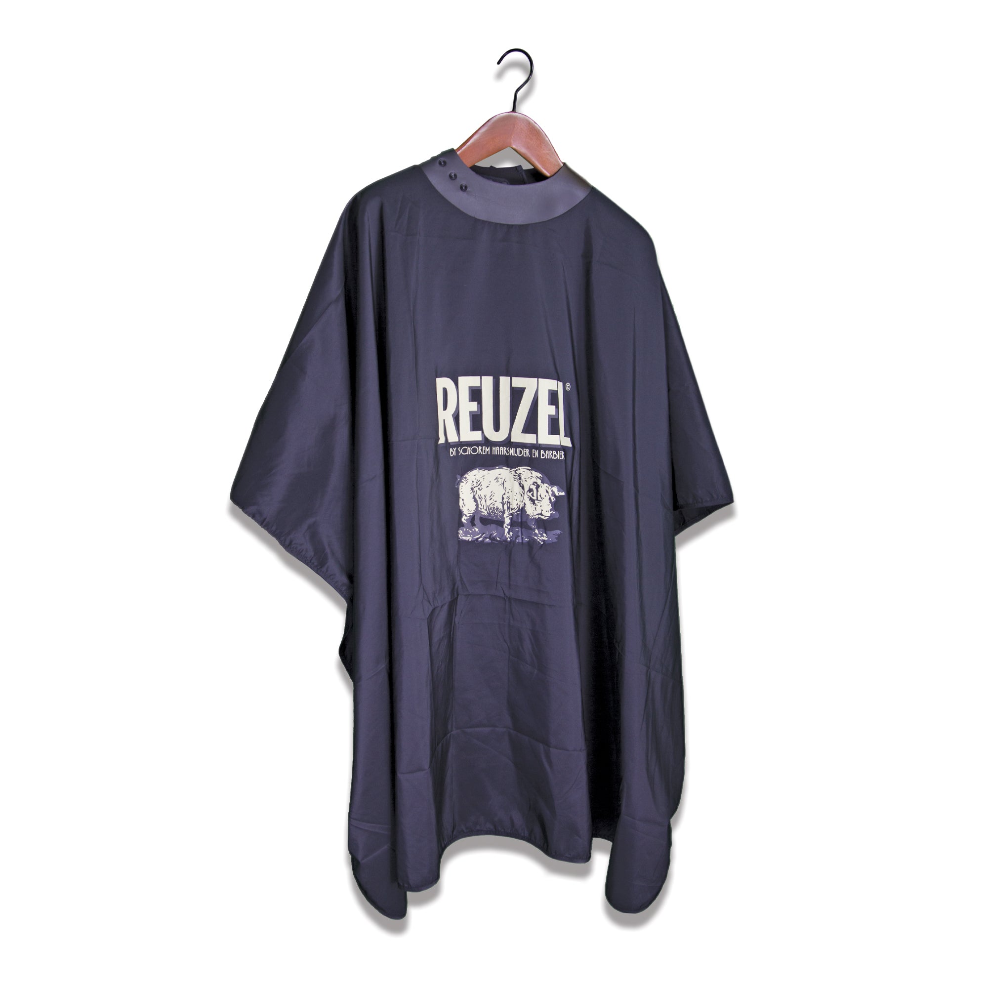 Black hairdressing cape with 'REUZEL' branding  against a white background