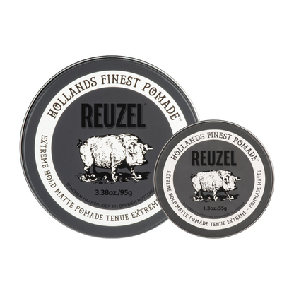 Reuzel Deutschland Road Trip To Go Extreme Hold Matte Pomade jar with black label and silver lid, showing the product in a close-up shot.