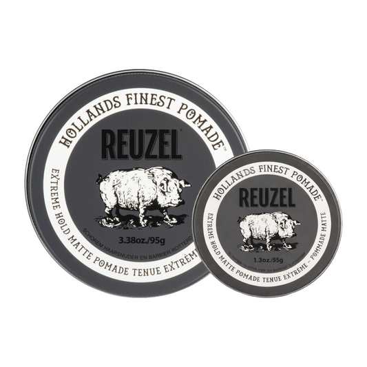Reuzel Deutschland Road Trip To Go Extreme Hold Matte Pomade jar with black label and silver lid, showing the product in a close-up shot.