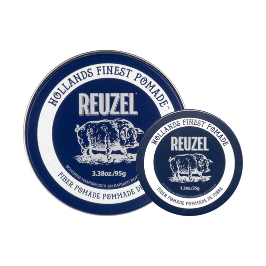 Reuzel Deutschland Road Trip To Go Fiber Pomade jar with label, showcasing a hair styling product for textured, firm hold.