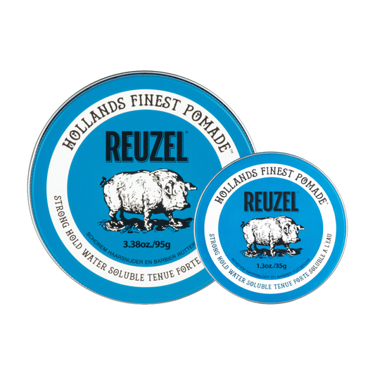 Reuzel Deutschland Road Trip To Go Blue Pomade jar with blue lid, displaying the pomade product on a white background.
