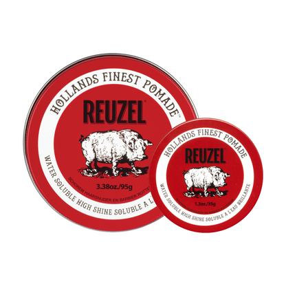 Reuzel Deutschland Road Trip To Go Red Pomade container with red logo and branding, ideal for styling hair on the go